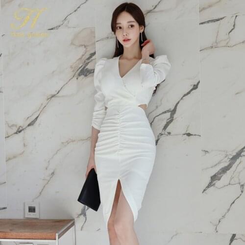 H Han Queen Elegant V-neck Office Pencil Dress Women Korean Slim Irregular Sheath Dresses Business Work Bodycon Vestidos Summer