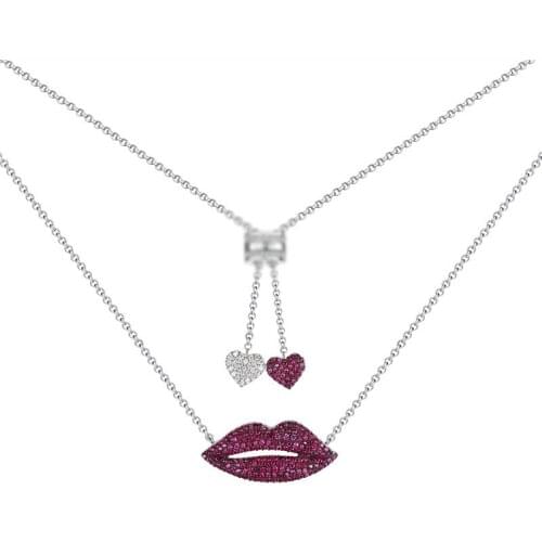 Top New Luxury 925 Sterling Silver Necklace Sexy CZ Red Lip Pendant Free Size Silver Chain Necklace For Women Brand Jewelry