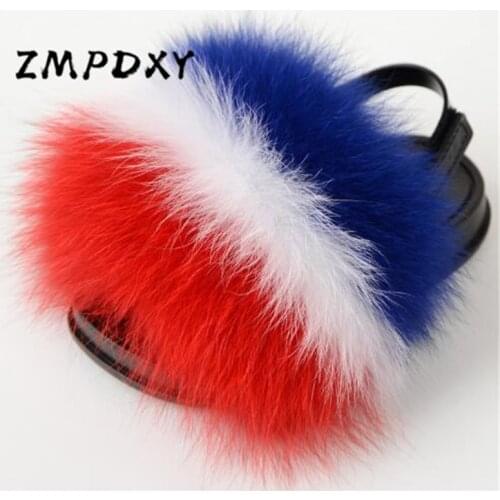 Baby Fox Fur Slides Girls Fluffy Raccoon Fur Slippers Childrens Rainbow Plush Shoes Kids Non-slip Furry Fur Flip Flops 24-38