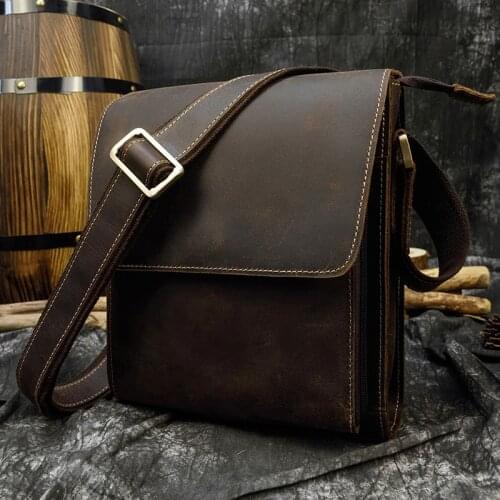 Mens Vintage Crazy Horse Leather Bag iPad Cow Leather Shoulder Bag Zip Around Casual Crossbody Bag Cowhide Briefcase Purse