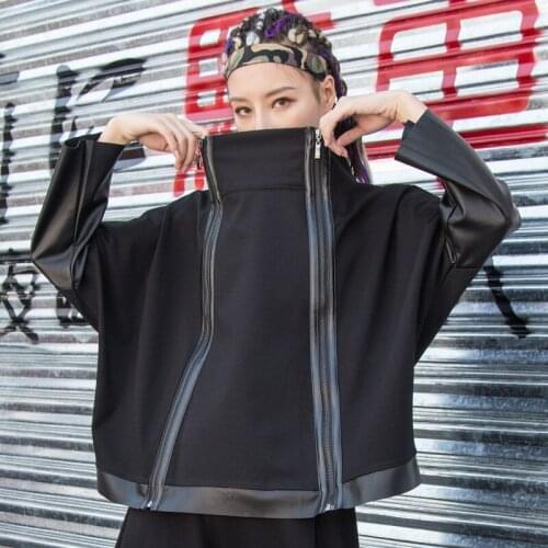 2XL PU Leather Spliced Punk Hoodies Dual Zipper Harajuku Sweatshirt Women Gothic Hoody Ladies Zip-up 2020 Autumn Coat LT458S30