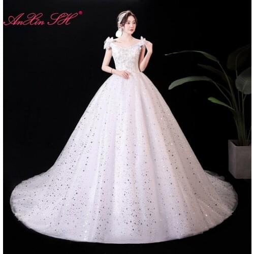 AnXin SH princess boat neck bow evening dress vintage sparkly silvery star sequins white lace train ball gown evening dress