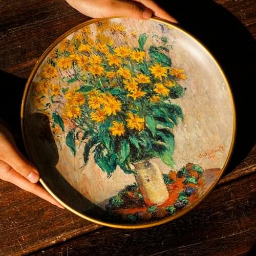 Vintage 10 Inches Round Ceramics Decor Plate With Display Bottom Rack Home Garden Wall Hanging Sunflower Tree Lotus On Painting