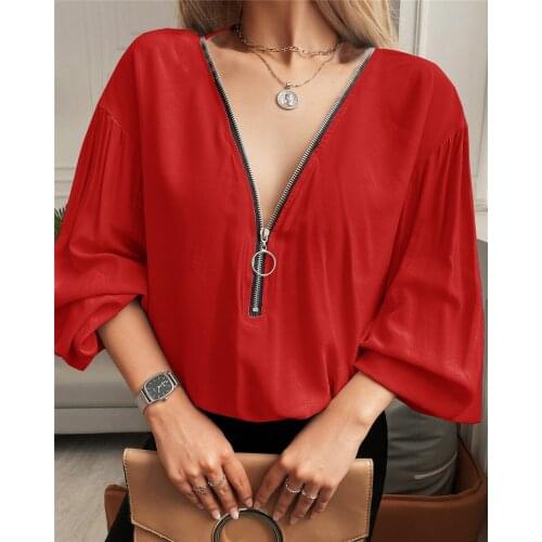 Womans Blouses Spring Autumn Solid Color Zipper V-Neck Long Sleeve Shirt Women Clohting 2021 Casual Loose Blusas Femme Y2k Tops