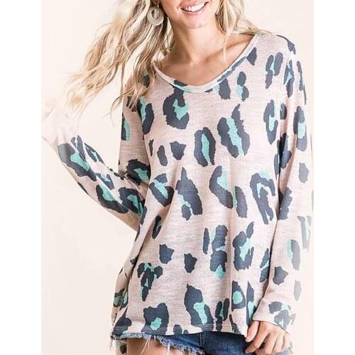 Women Long Sleeve T-Shirt V-neck Leopard Print Large Size Casual Top Tee Women Clothes Girls