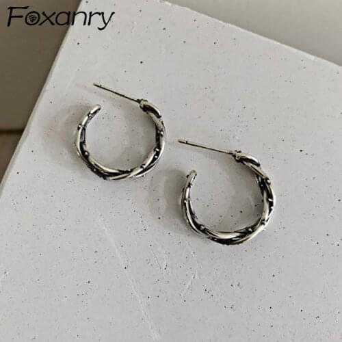 Foxanry Prevent Allergy 925 Sterling Silver Stud Earrings for Women Vintage Handmade Thai Silver Trendy Party Jewelry Gifts