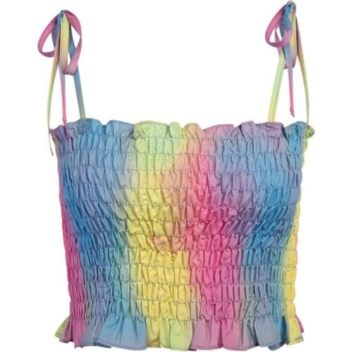 New Stitching Color Sexy Tie dye Print Adjustable Shoulder Strap Colorful Sling Pleated Crop Top Women Vest for Daily Wear
