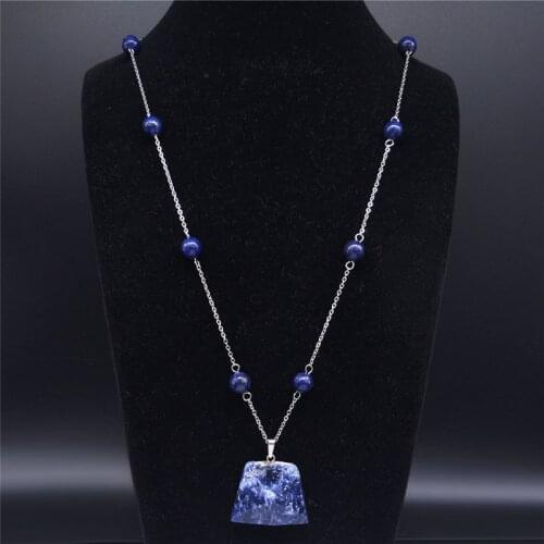 AFAWA Geometric Stainless Steel Long Bead Necklace for Women Blue Color Boho Chain Necklaces Jewelry collares etnicos bohemios