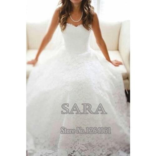Tumblr Wedding Dresses Sweetheart A-line White Lace Pleats Sweep train Wedding Dresses Bridal Gown Long Vestido de novias 2014