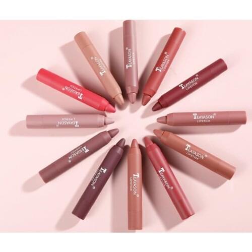 1 PC TEAYASON 12 Color Matte Lipsticks Pencil Pen Makeup Lip glaza Moisturizing Waterproof and durable non-stick cup TSLM2