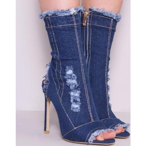 2017 Summer Women Blue or Black Denim Peep Toe Gladiator Cuts Out Zip Thin Heels Mid-calf Short Boots Comfortable Boots Lady