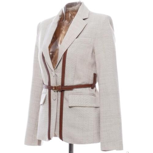 2021 British style stitching contrast color leather stitching strap sense small suit jacket with belt