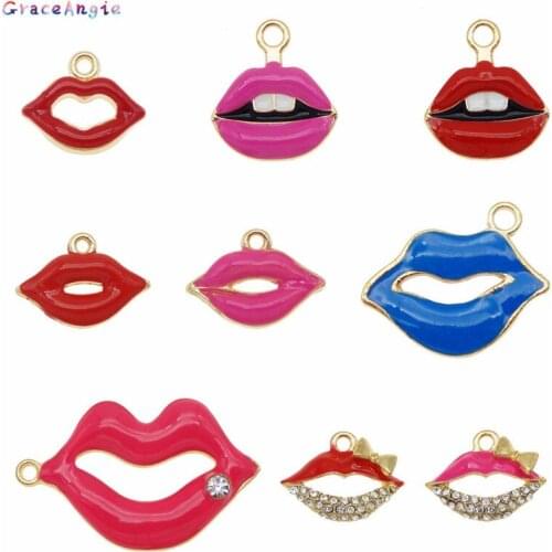 9pcs Mix Metal Women Lips pendant Charms Necklace Jewelry Making DIY Charms Bracelet Earring keychain Charms with rhinestone