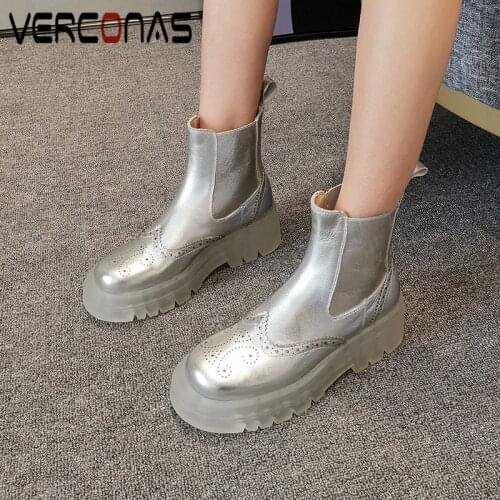 COVIBESCO Concise Women Basic Ankle Boots Platforms Shoes Woman Autumn Winter New Fretwork Genuine Leather Casual Outdoor Boots