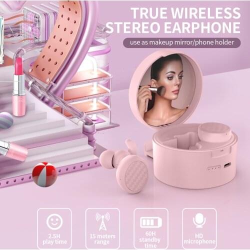 BT5.0 Earphone Cute Wireless Earphone Stereo In-ear Girls Headphone Multifunctional Makeup Mirror/Phone Holder for IOS/Android