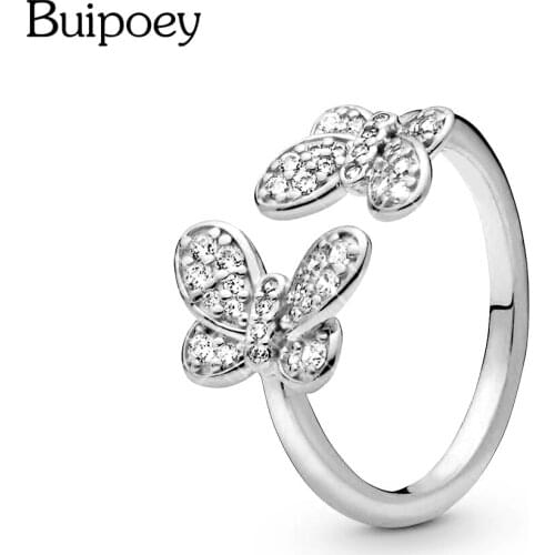 Buipoey Fashion Crystal Butterfly Rings For Women Girls Original Stackable Charm Ring Fit Couple Family Friend Party Jewelry