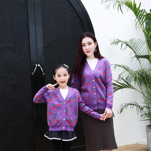 Autumn Winter Family Matching Clothes Cardigan V-neck Cherry Print Mom and Daughter Sweater Long Sleeve Knitted Costumes