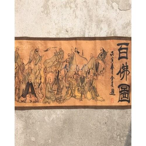 Chinese Ancient Picture Silk Paper 100 Buddha Figure Scroll Painting