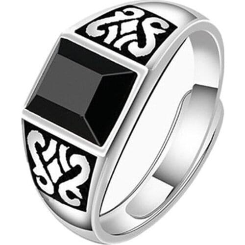 New silver original domineering inlaid black agate cold temperament geometric retro opening adjustable mens ring
