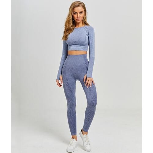 Conjunto feminino esportivo sem costura, peça conjunto feminino calça legging e top cropped academia yoga