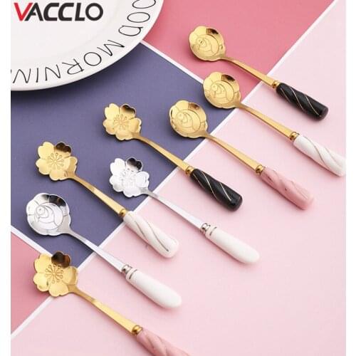 Vacclo Creative Stainless Steel Coffee Stirring Flower Spoon Ceramic Handle Mug Spoon Long Handle Cherry Blossom Rose Ice Spoon