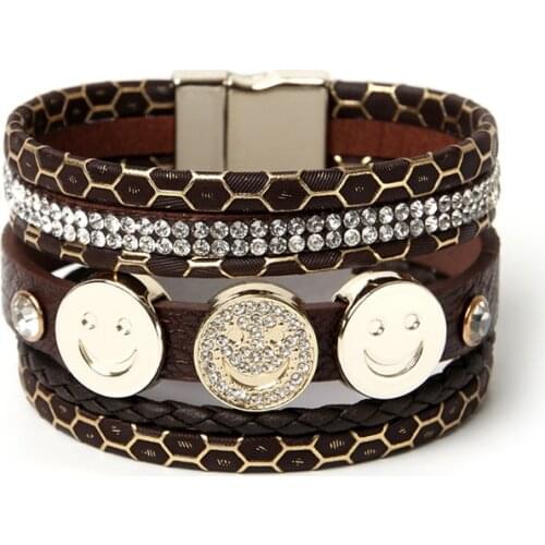 ORNAPEADIA Summer New Jewelry Hot Sell Bohemia Multilayer bracelet Ethnic Smiley face Accessories Leather Bangles for women gift