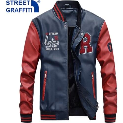2021 Men New Embroidery Baseball Leather Jacket Men Casual Winter Motor PU Fleece Jackets Coat Fashion Slim Leather Jacket Men