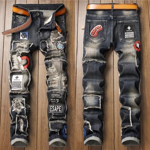 Men’s luxury hole ripped retro jeans distressed badge patched embroidery denim pants slimming hard washed casual jeans pants