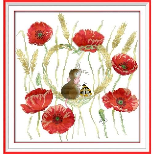 Everlasting Love Poppy And Mouse Chinese Cross Stitch Kits Ecological Cotton Stamped 11CT DIY Gift New Year Decorations For Home