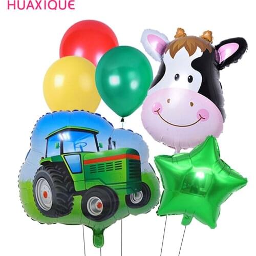 18pcs Farm Theme Green Tractor Inflatable Balloons Happy Birthday Party Decor Cow Ballon Kids Excavator Vehicle Fire Truck Ball