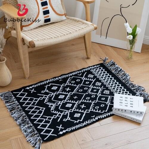 Bubble Kiss Retro Bohemian Hand Woven Cotton Linen Carpet Tassel Rug Geometric Floor Mat Bedroom Tapestry Decorative Area Rug