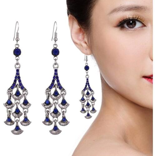New Ginkgo Leaf Shape Diamond Multi-Layer Tassel Long Earrings European And American Fashion Retro Earrings Ethnic Style Jewelry