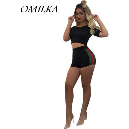 OMILKA 2017 Summer Women Striped Crop Top and Shorts Set Casual Black Pink Plus Size Patchwork Streetwear Tracksuit 2 Piece Set