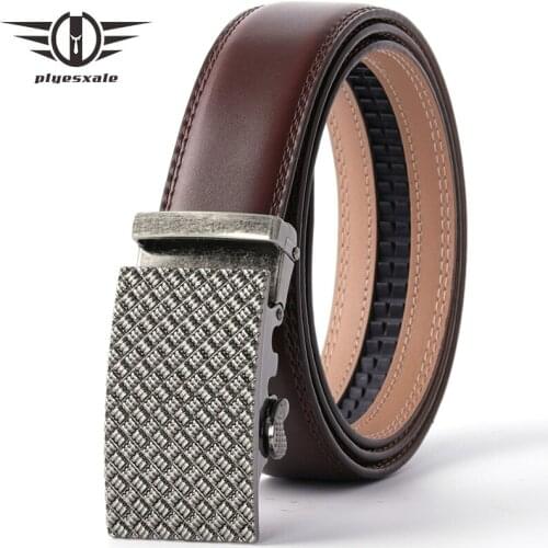 Plyesxale Mens Belt Automatic Ratchet Buckle With Cow Genuine Leather Belts For Men Luxury Brand Male Strap Brown Coffee B69