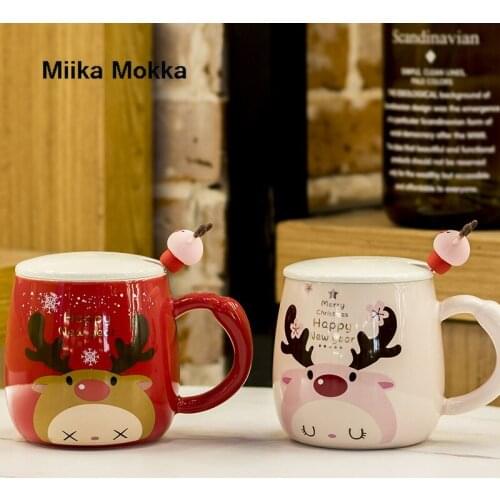 Christmas Gift Ins 400-500ml Elk Ceramic Coffee Cup with Lid Spoon Cartoon Cute Mug Coffee Cup Milk Cup Water Cup Tea Cup Mugs