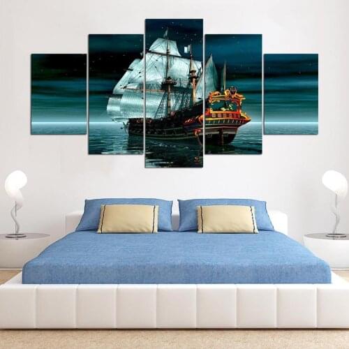 Modern Wall Decor Poster HD Printed 5 Panel Ship Boat Canvas Art Painting Seascape Artwork Wall Pictures For Living Room