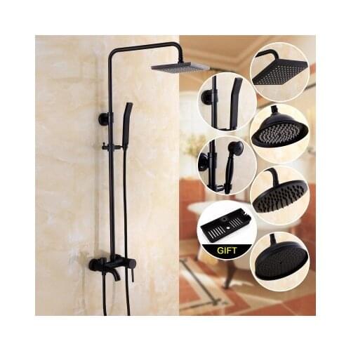 Bathroom Antique Black Painting Brass Lifting Column Wall Mount Shower Set 8" 3-Functions Hot and Cold Rainfall Shower Mixer Tap