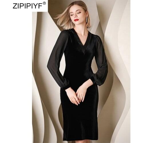 2021 Summer Runway Fashion Gauze Patchwork V Neck Long Sleeve Velvet Pencil Mid Waist Slit Mid Waist Little Black Dresses Z040