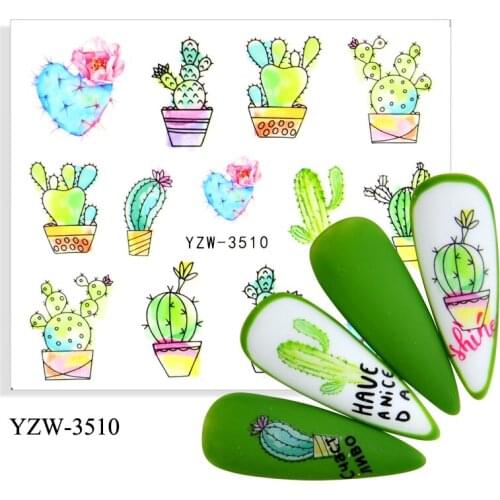 WUF 4PCS/LOT Cactus Cartoon Series Water Decal Sticker Flower Leaf Tree Summer DIY Slider For Manicuring Nail Art Watermarks