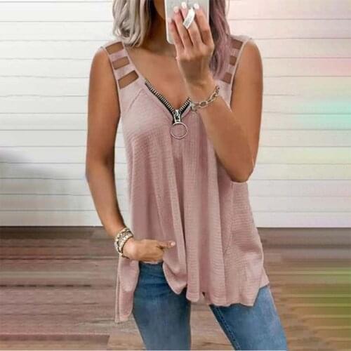 Zipper V Neck Sleeveless Hollow Shoulder Strap Solid Color Vest T Shirt Women Summer Plus Size Streetwear Personality Tops