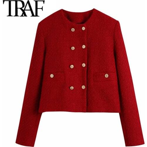 TRAF Women Fashion Double Breasted Tweed Cropped Jacket Coat Vintage O Neck Long Sleeve Female Outerwear Chic Tops