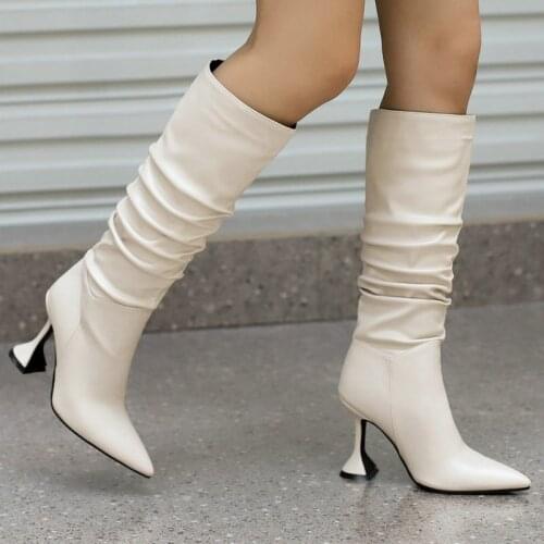 2021 Women Knee High Boots Fashion Thin High Heel Pointed Toe Ladies Calf Boots Faux Leather High Quality Womens Boots Big Size