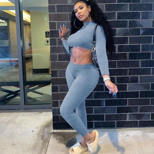 Sporty Casual Two Piece Set Women Long Sleeve Workout Bodycon Active Wear Outfits Elastic Crop Top and Leggings Matching Sets