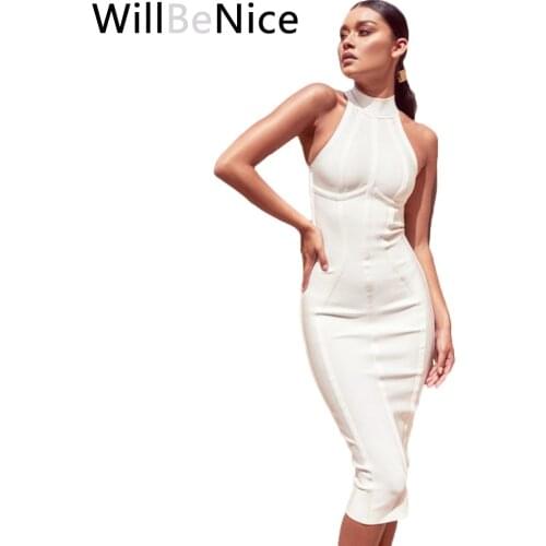 WillBeNice 2019 Winter White Bandage Dress Woman Vestidos Sexy Sleeveless Bodycon Celebrity Party Bandage Midi Style Dresses