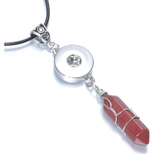 18mm Snap Button Jewelry Charms Red Natural Hexagon Stone Pendant of Necklace With Black Leather Necklace DZ0118j