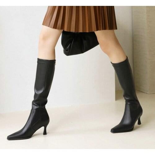 2021 Women Boots Pu Leather Stretch Knee High Boots Sext High Heel Long Boots Autumn Winter Fashion Zipper Woman Shoes Black