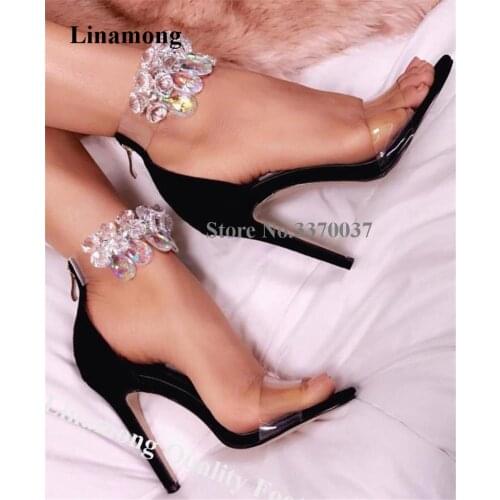Linamong Shining Rhinestone Stiletto Heel Sandals Bling Bling Ankle Diamond Straps PVC Patchwork High Heel Sandals Wedding Shoe