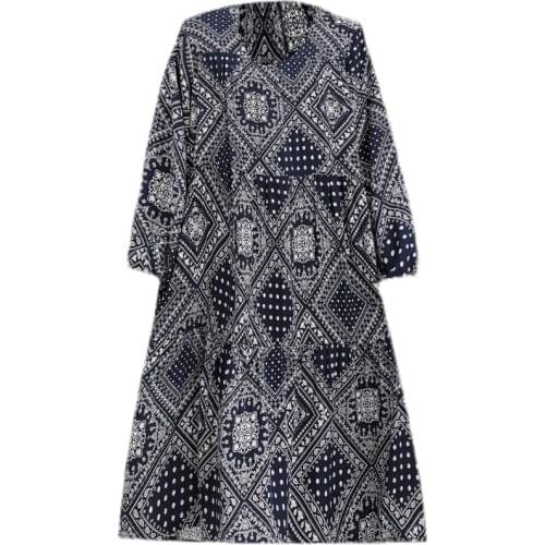 Large Size Women Casual Summer A-line Party Dress Women Long Sleeve V-Neck Dresses Femme Elegant Floral Print Dresses Vestido