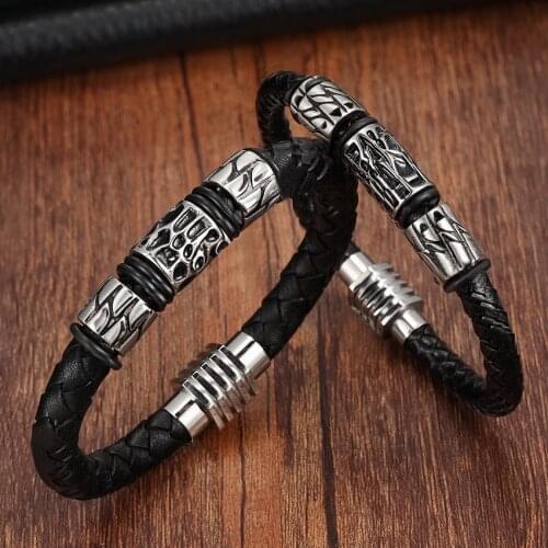 XQNI 2 Styles Stainless Steel Genuine Leather Bracelet with Magnet Buckle Geometric Pattern Lover Jewelry For Birthday Gift