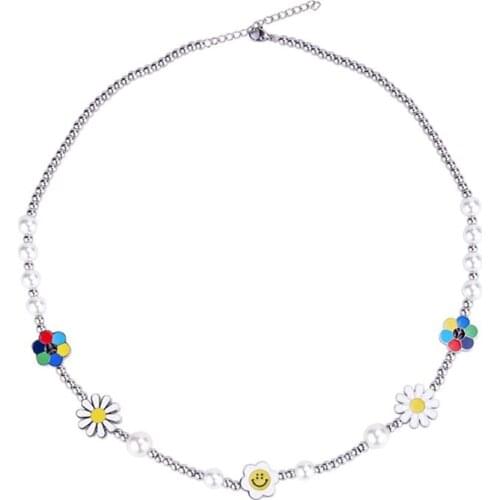 Stainless Steel Hip Hop Delicate Smiley Face Sunflower Women Handmade Bead Pearl Chain Split Smile Design Necklace Gift